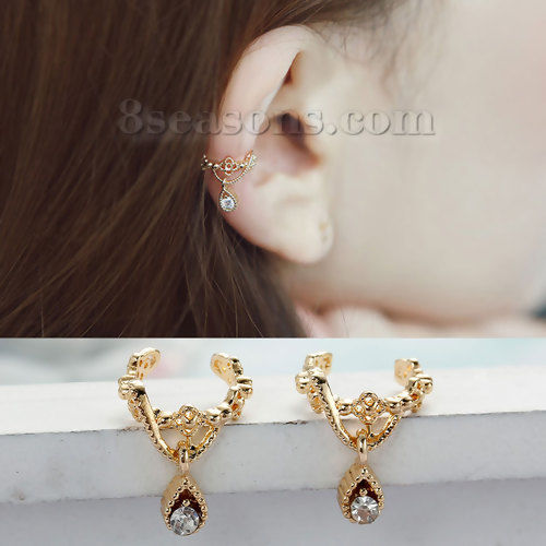 Picture of New Fashion Ear Cuffs Clip Wrap Earrings Drop Gold Plated Clear Rhinestone 11mm( 3/8") x 10mm( 3/8"), 1 Piece