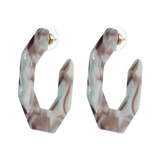 Picture of Acetic Acid Resin Acetimar Marble Hoop Earrings Brown Yellow 4.3cm(1 6/8") x 4.3cm(1 6/8"), 1 Pair