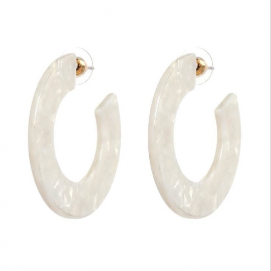 Picture of Acetic Acid Resin Acetimar Marble Hoop Earrings Brown Creamy-White 4.5cm(1 6/8") x 4.5cm(1 6/8"), 1 Pair