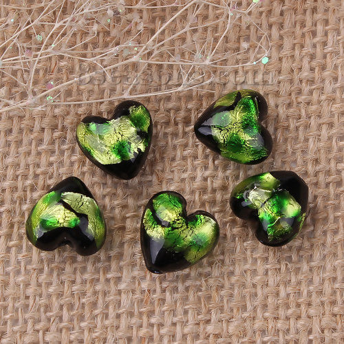 Picture of Lampwork Glass Japanese Style Beads Heart Yellow-green Foil About 12mm x12mm, Hole: Approx 1.4mm, 3 PCs