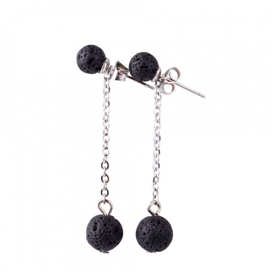 Picture of Stainless Steel & Gemstone ( Natural ) Earrings Silver Tone Black & Green 4.3cm x Post/ Wire Size: (21 gauge), 1 Pair
