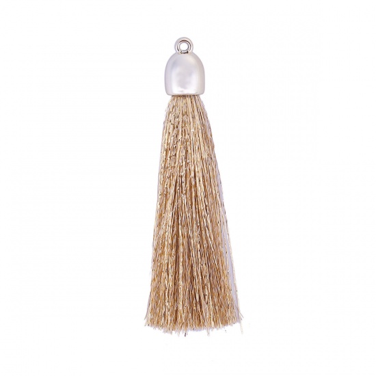 Picture of Polyester Tassel Pendants Light Golden Multicolor About 73mm(2 7/8") x 10mm( 3/8"), 10 PCs