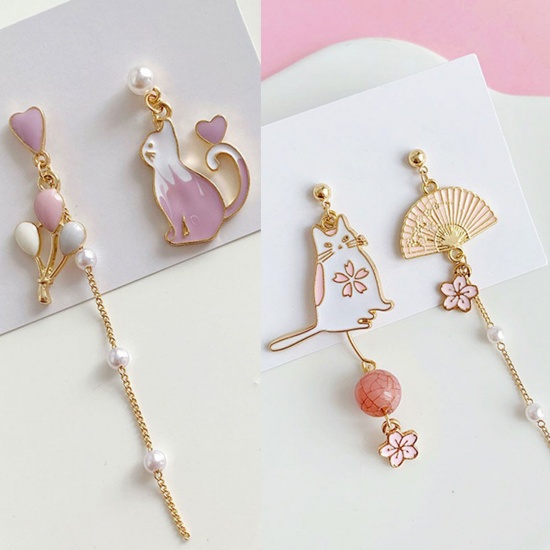 Picture of Ear Clips Earrings Gold Plated White & Purple Cat Animal Imitation Pearl 80mm x 13mm 30mm x 20mm, 1 Pair