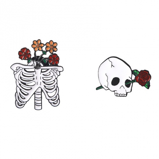 Picture of Pin Brooches Skull Rose Flower Multicolor 33mm x 23mm, 1 Piece