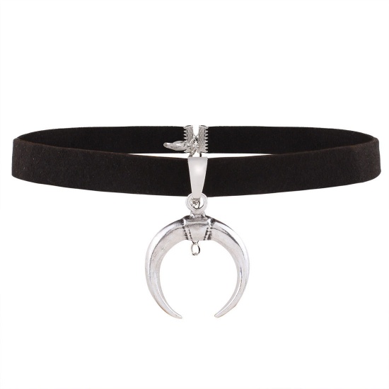 Bild von Choker Halskette Silberfarbe Schwarz Halbmond 35cm lang, 1 Strang