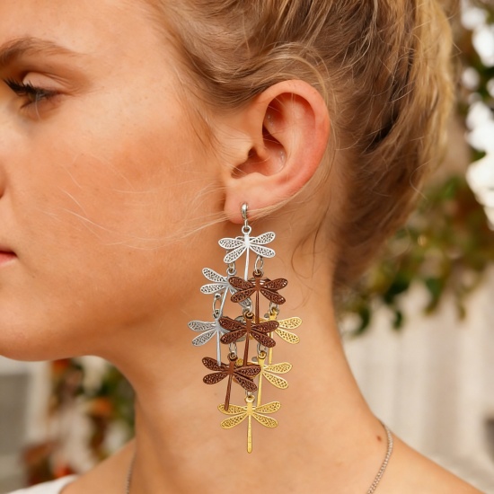Picture of Brass Filigree Stamping Earrings Dragonfly Animal Hollow