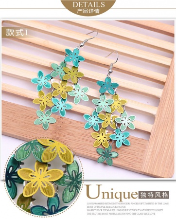 Brass Earrings Multicolor Flower 65mm x 28mm, 1 Pair