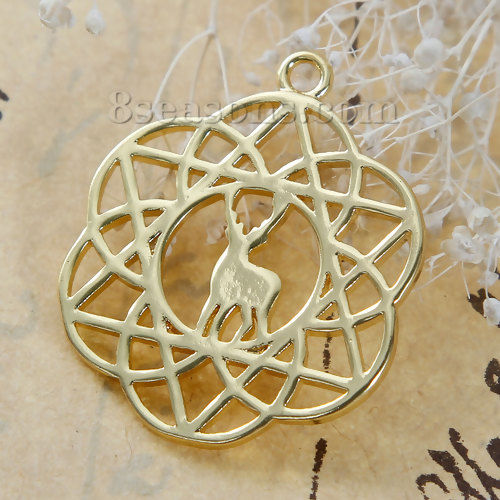Picture of Copper Flower Of Life Charms Flower Gold Plated Deer Animal Carved Hollow 28mm(1 1/8") x 23mm( 7/8"), 2 PCs