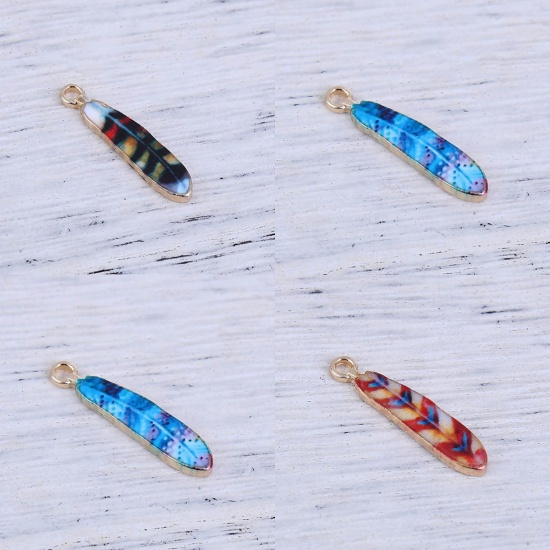 Picture of Zinc Based Alloy Charms Feather Gold Plated Red Enamel 23mm( 7/8") x 5mm( 2/8"), 10 PCs