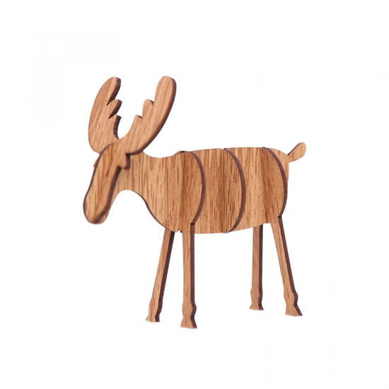 Picture of Wood Ornaments Red Brown Christmas Reindeer 15cm(5 7/8") x 14cm(5 4/8"), 1 Piece