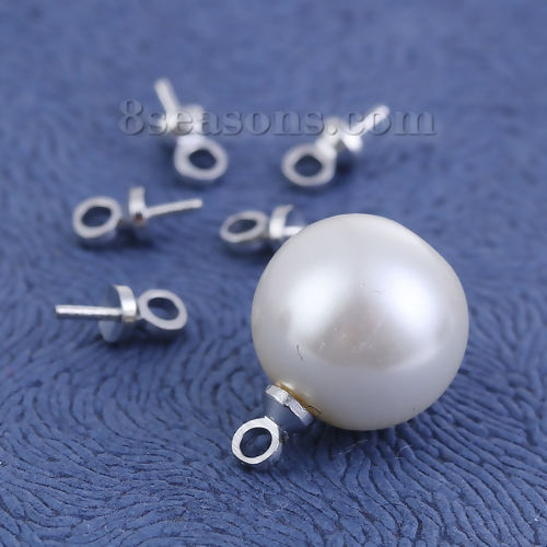 Picture of Brass Pearl Pendant Connector Bail Pin Cap Round Silver Tone 6mm( 2/8") x 3mm( 1/8"), Needle Thickness: 0.6mm, 200 PCs                                                                                                                                        