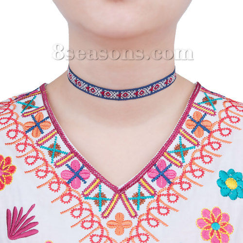 Picture of Cotton Boho Chic Choker Necklace Multicolor Cord Rhombus Pattern 34cm(13 3/8") long, 1 Piece