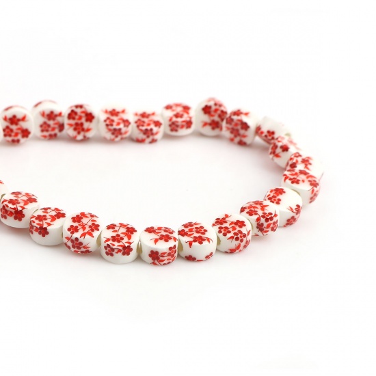 Picture of Ceramic Beads Flat Round Red Flower About 9mm Dia, Hole: Approx 2.6mm, 28.5cm long, 1 Strand (Approx 36 PCs/Strand)