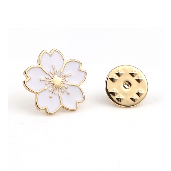 Picture of Pin Brooches Flower Gold Plated Pink Enamel 18mm x 17mm, 1 Piece
