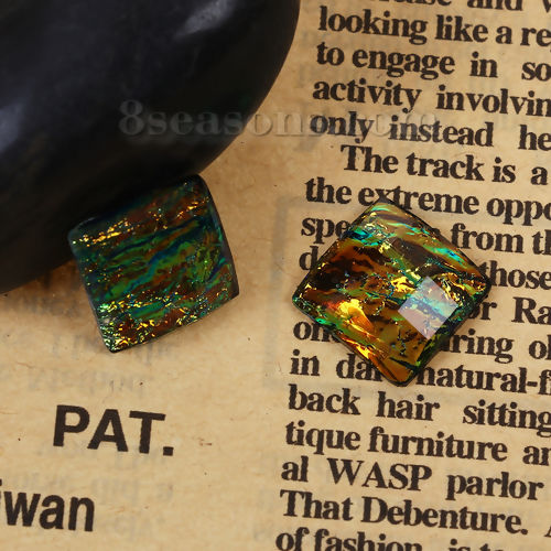 Picture of Resin AB Rainbow Color Aurora Borealis Embellishments Square Green Tinfoil Ammolite Effect Faceted 16mm( 5/8") x 16mm( 5/8"), 10 PCs