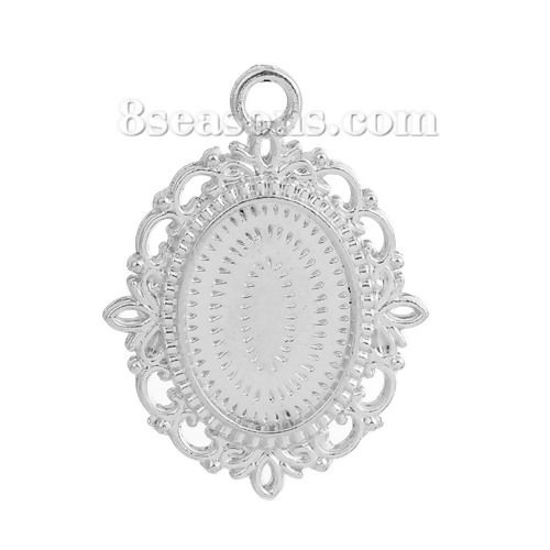 Picture of Zinc Based Alloy Pendants Oval Silver Plated Cabochon Settings (Fits 18mmx13mm) 36mm x 27mm, 20 PCs
