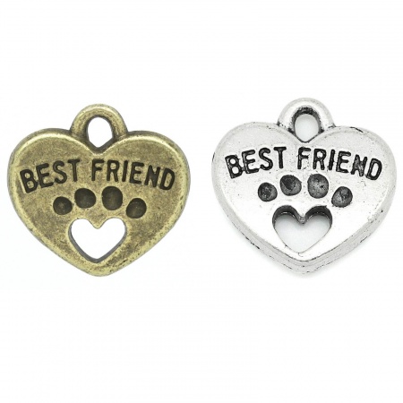 Lega di Zinco Charm Ciondoli Cuore Tono del Bronzo Lettere Disegno BEST FRIEND Intagliato 15.0mm x 15.0mm, 30 Pz