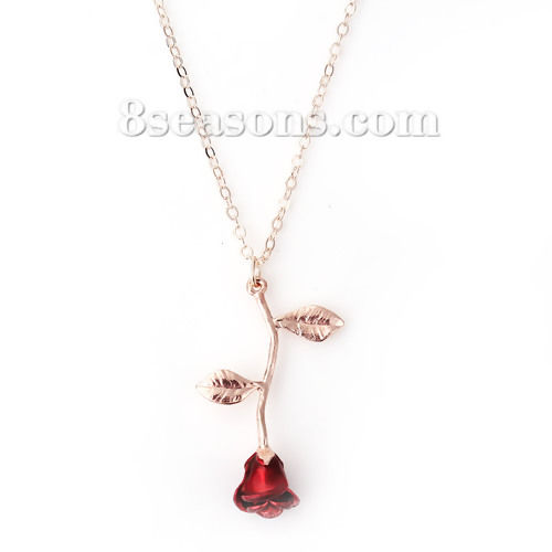 Picture of Necklace Gold Plated Red Rose Flower 50cm(19 5/8") long - 47cm(18 4/8") long, 1 Piece