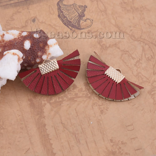 Picture of PU Leather Tassel Pendants Fan-shaped Gold Plated Black About 35mm(1 3/8") x 20mm( 6/8"), 10 PCs