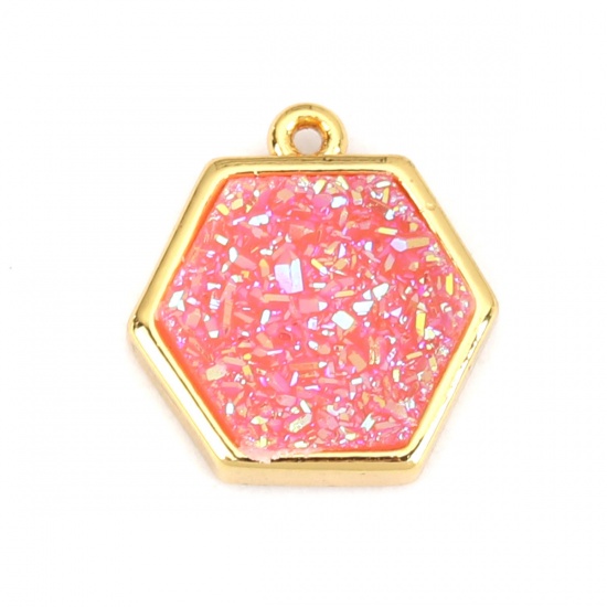 Picture of (Grade B) Crystal ( Natural ) Druzy/ Drusy Charms Gold Plated Blue Hexagon 15mm x 14mm, 1 Piece