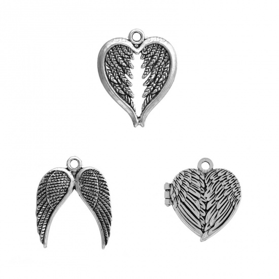 Picture of Zinc Metal Alloy Magnetic Pendants Heart Angel Wing Carved Can Open  