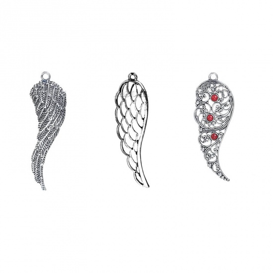 Picture of Zinc Based Alloy Pendants Angel Wing Antique Silver Hollow 77mm(3") x 22mm( 7/8"), 5 PCs