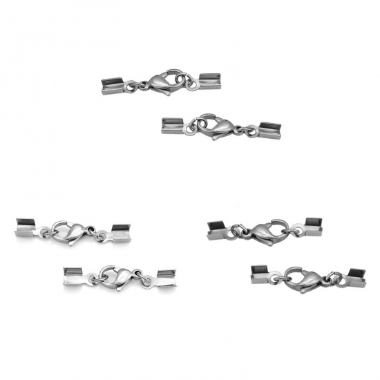 Picture of Stainless Steel Cord End Crimp Caps For Jewelry Necklace Bracelet Rectangle With Lobster Claw Clasp  