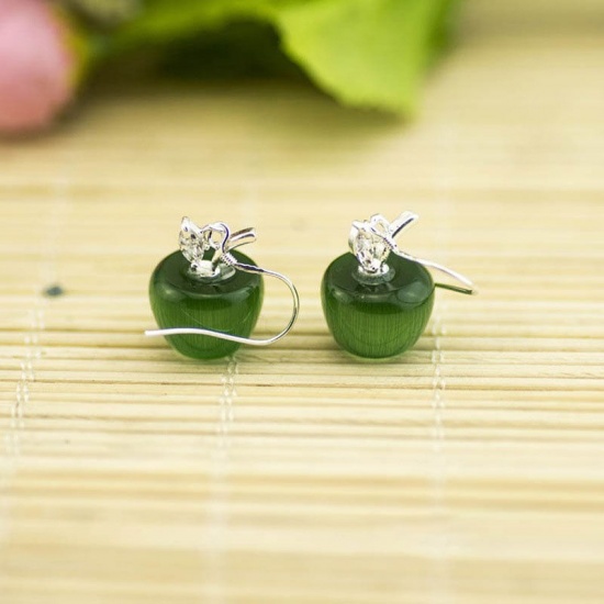 Picture of Brass Earrings Silver Plated Green Apple Fruit Cat's Eye Imitation Clear Rhinestone 3.1cm x 1.4cm, Post/ Wire Size: (23 gauge), 1 Pair                                                                                                                        