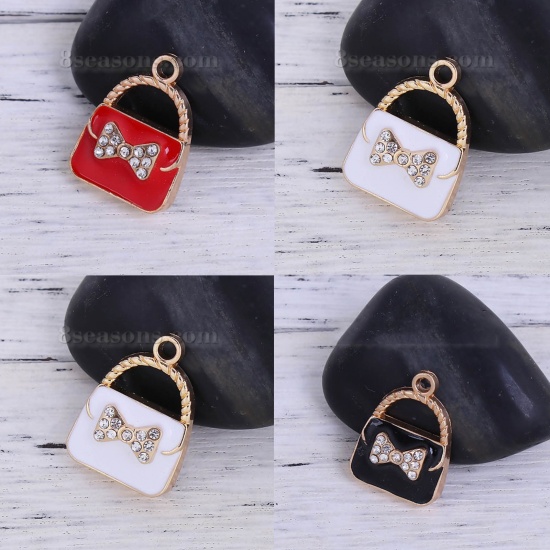 Picture of Zinc Based Alloy Charms Bag Gold Plated White Bowknot Clear Rhinestone Enamel 23mm( 7/8") x 17mm( 5/8"), 5 PCs