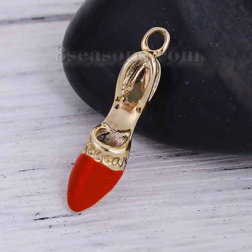 Picture of Zinc Based Alloy Charms High-heeled Shoes Gold Plated Black Enamel 25mm(1") x 6mm( 2/8"), 20 PCs