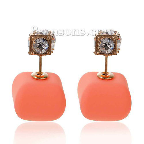 Picture of Double Sided Ear Post Stud Earrings Square Gold Plated Clear Rhinestone Acrylic Pink Rubber Imitation 8mm( 3/8") x 8mm( 3/8") 15mm x15mm( 5/8" x 5/8"), Post/ Wire Size: (21 gauge), 1 Pair