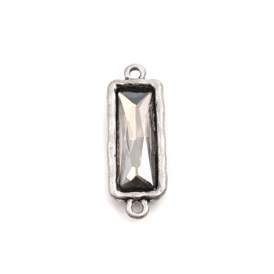 Picture of Zinc Based Alloy Connectors Rectangle Antique Silver Color Faceted French Gray Rhinestone 3.7cm x 1.3cm, 5 PCs