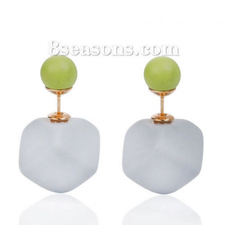 Acrylic Double Sided Ear Post Stud Earrings Cube Ball Light Green & Gray Rubberized 8mm( 3/8") Dia. 14mm x14mm( 4/8" x 4/8"), Post/ Wire Size: (21 gauge), 1 Pair