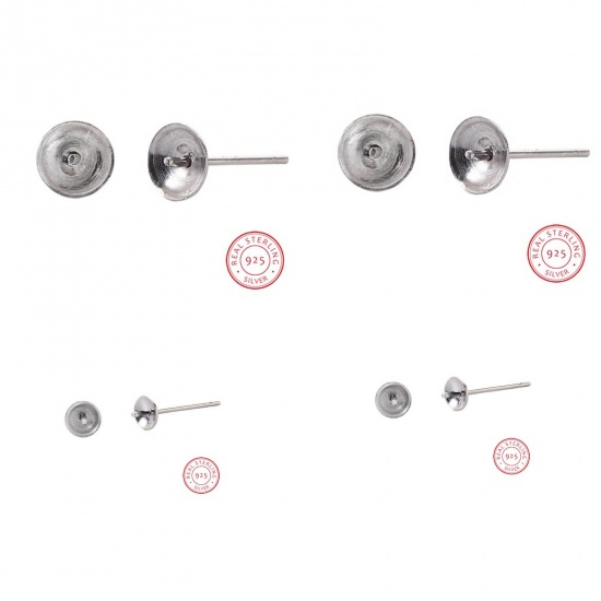 Picture of Sterling Silver Ear Post Stud Earrings Findings Round Silver (Fit Bead Size: 6mm) 13mm( 4/8") x 6mm( 2/8"), Post/ Wire Size: (21 gauge), 1 Pair