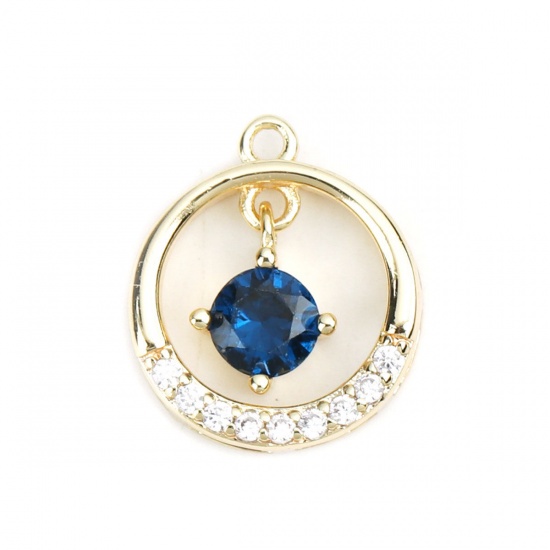 Imagen de Latón Colgantes Charms Chapado en Oro Ronda Hueco Azul marino Rhinestone 12mm x 11mm, 2 Unidades