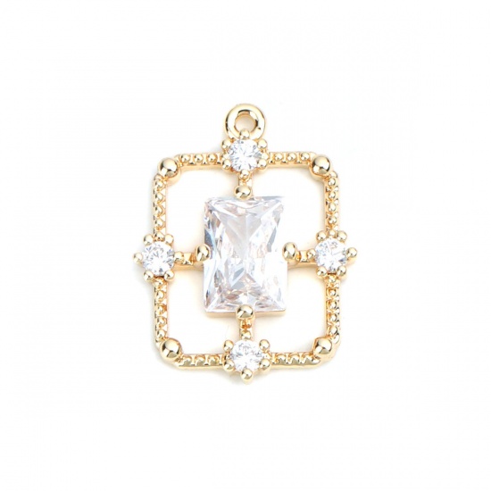 Picture of Brass Charms Gold Plated Rectangle Hollow Clear Rhinestone 17mm x 13mm, 2 PCs