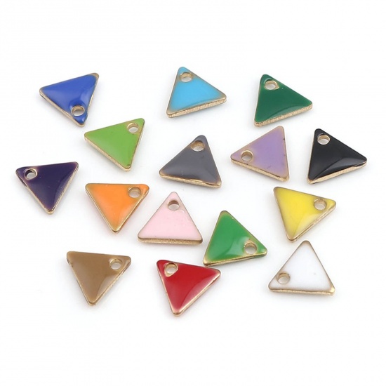 Picture of Brass Enamelled Sequins Charms Gold Plated Fruit Green Triangle 8mm x 7mm, 10 PCs                                                                                                                                                                             