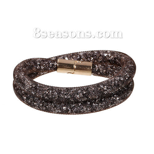 Picture of New Fashion Nylon Sparkledust Mesh Bracelets Double Layer Coffee Clear Rhinestone 40cm(15 6/8") long, 1 Piece
