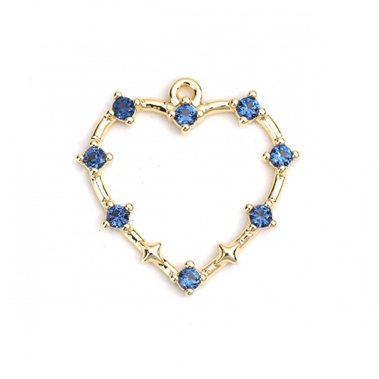 Image de Breloques La Saint Valentin en Laiton Cœur Doré Creux à Strass Bleu Foncé 19mm x 18mm, 2 Pcs
