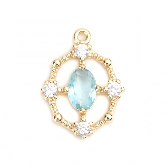 Imagen de Latón Colgantes Charms Chapado en Oro Óvalo Hueco Azul Zafiro Rhinestone 16mm x 12mm, 2 Unidades