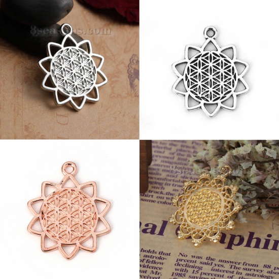 Picture of Zinc Based Alloy Flower Of Life Charms Pendants Hollow Carved 