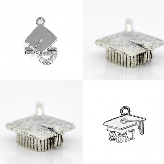 Picture of Graduation Jewelry Zinc Based Alloy 3D Charms Doctorial Hat Antique Silver Color 17mm( 5/8") x 13mm( 4/8"), 20 PCs
