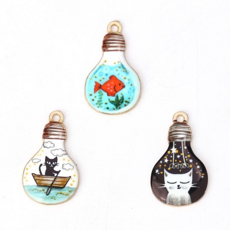 Zinc Based Alloy Charms Bulb Gold Plated Black Cat Enamel 28mm(1 1/8") x 17mm( 5/8"), 10 PCs