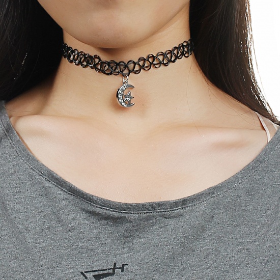 Picture of Fashion Jewelry Black Stretch Elastic Tattoo Choker Necklace, With Silver Tone Clear Rhinestone Star Half Moon 30cm(11 6/8") long, 1 Piece