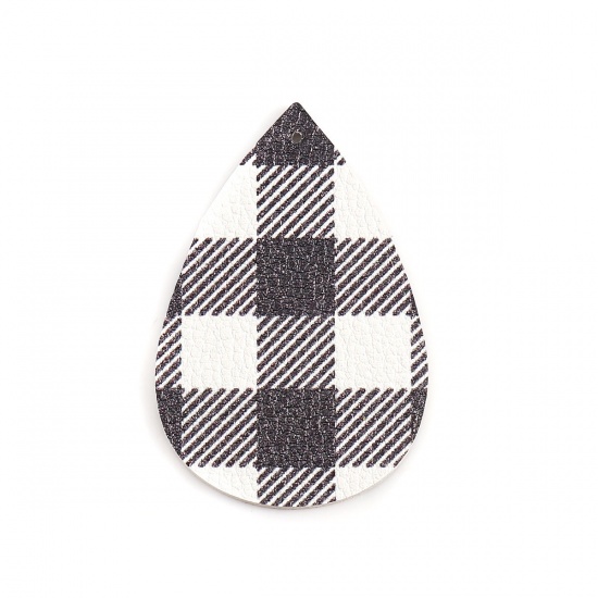 Picture of PU Leather Pendants Drop White Yellow Grid Checker 56mm(2 2/8") x 38mm(1 4/8"), 50 PCs