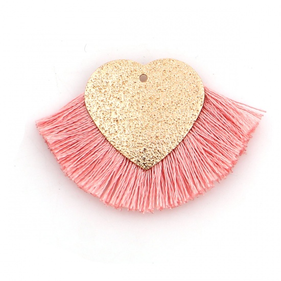 Picture of Polyester Tassel Pendants Heart Gold Plated Wine Red Sparkledust 40mm(1 5/8") x 25mm(1"), 3 PCs