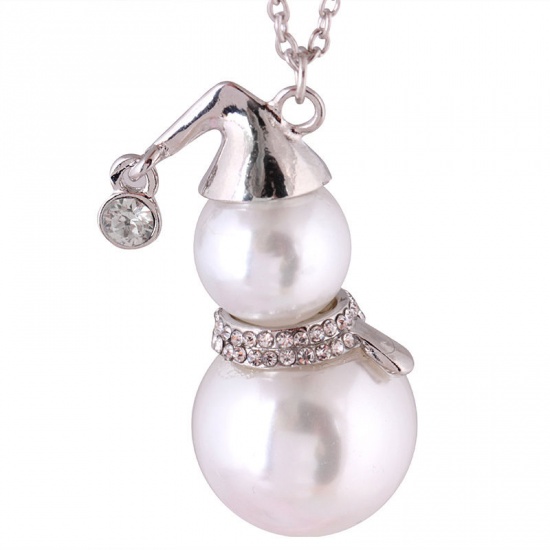 Picture of Sweater Necklace Long Gold Plated Christmas Snowman Clear Rhinestone White Acrylic Imitation Pearl 70cm(27 4/8") long, 1 Piece