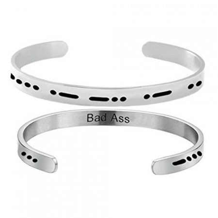 Acciaio Inossidabile Codice Morse Aprire Braccialetti Tono Argento Messaggio " Bad Ass " 60mm Dia, 1 Pz