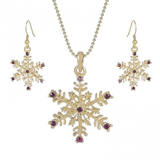 Picture of Jewelry Necklace Earrings Set Light Golden Christmas Snowflake Multicolor Rhinestone, 1 Set