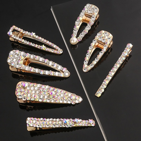 Picture of Zinc Based Alloy & Glass Hair Clips Findings Gold Plated Multicolor Rhinestone 6cm, 1 Piece